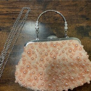 Cream & Silver Clutch with Pearl & Rosettes w/Chunky Handle & Shoulder Chain